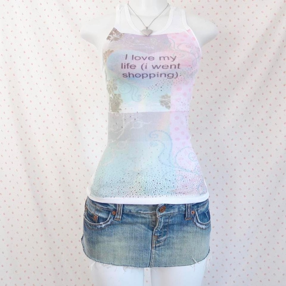 y2k i love my life i went shopping rhinestone halter tank mcbling graphic top